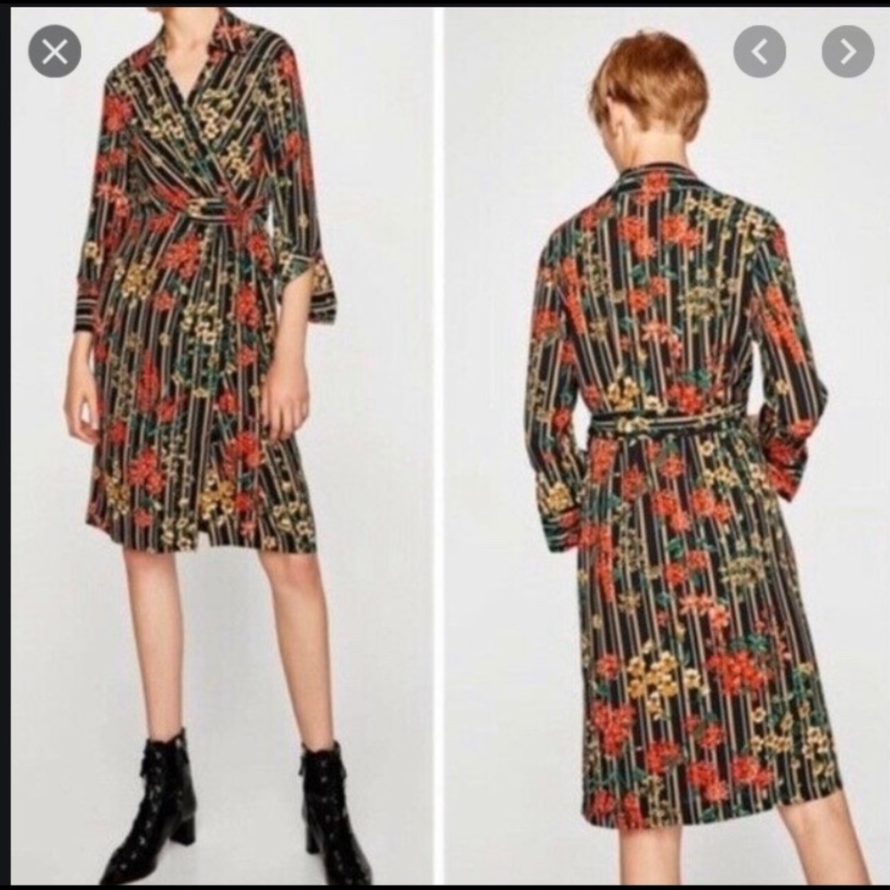 ZARA black striped floral wrap  midi dress L